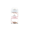 Aerosol scented spray bottle labeled 'Flora' on a white background