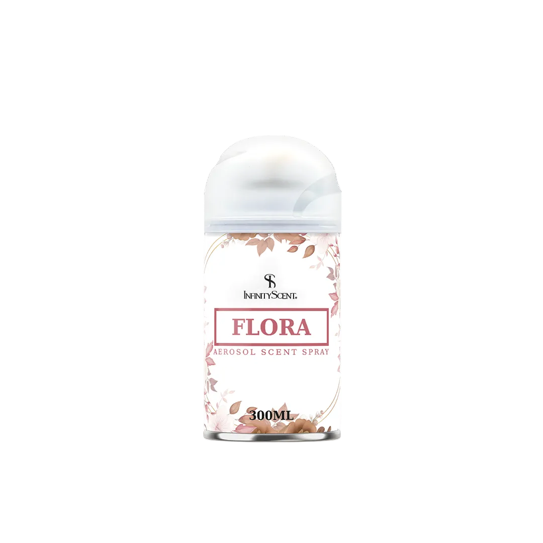 Aerosol scented spray bottle labeled 'Flora' on a white background