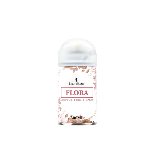 Aerosol scented spray bottle labeled 'Flora' on a white background
