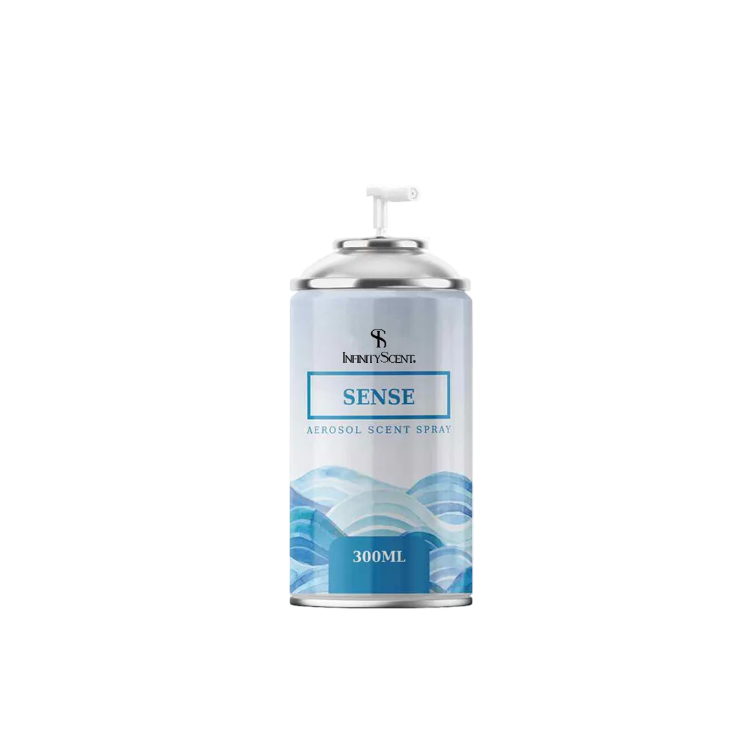 Aerosol can labeled 'Sense' with a blue design on a white background