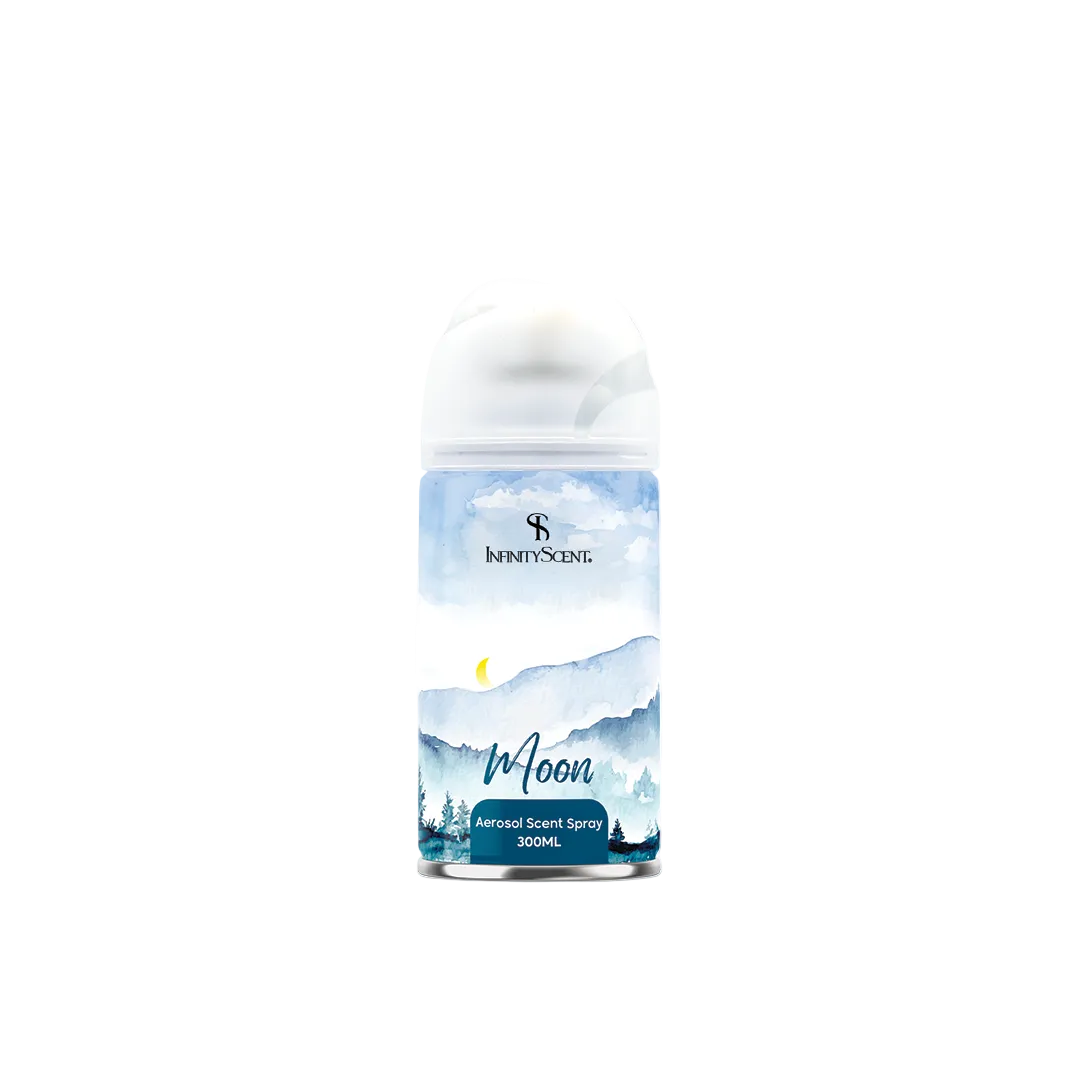 Aerosol scent spray bottle with a scenic label on a white background