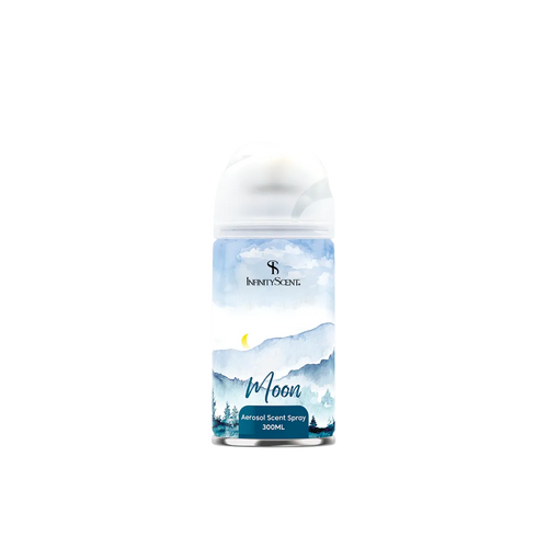 Aerosol scent spray bottle with a scenic label on a white background