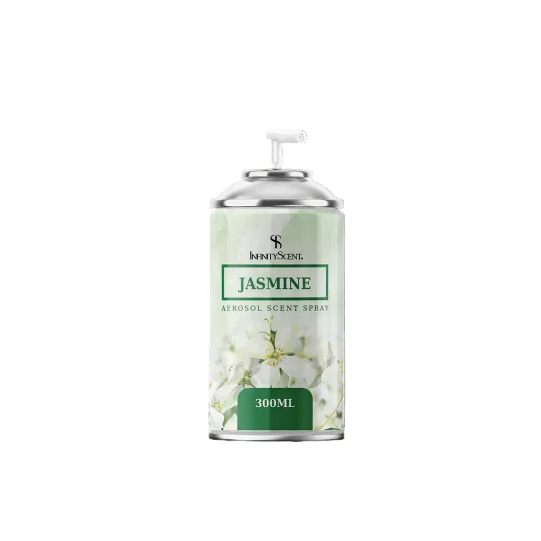 Aerosol scent spray can with jasmine design on a white background