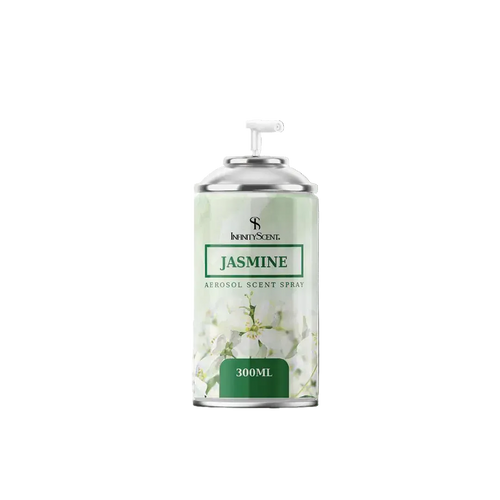 Aerosol scent spray can with jasmine design on a white background