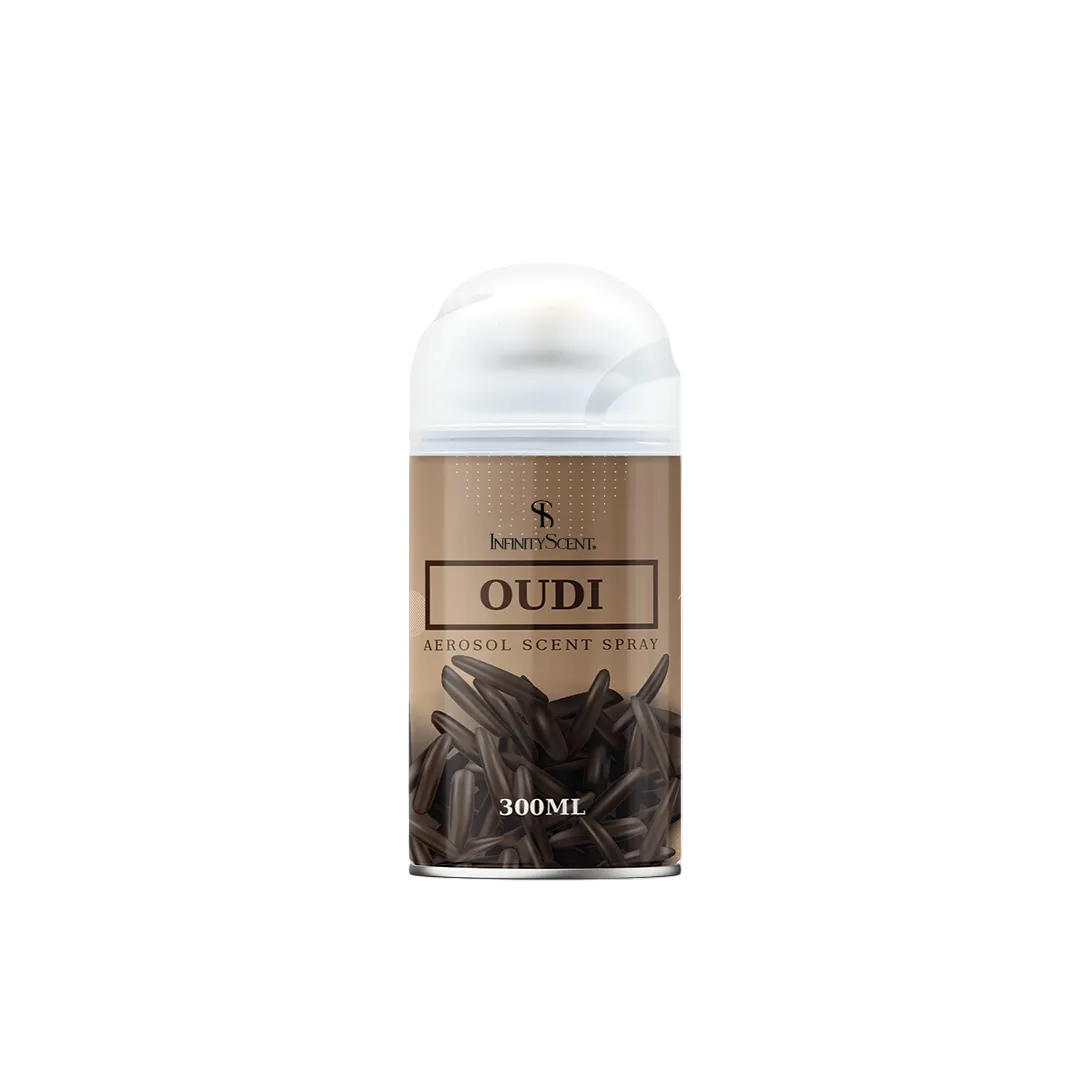 Aerosol scent spray can with 'OUDI' branding on a white background
