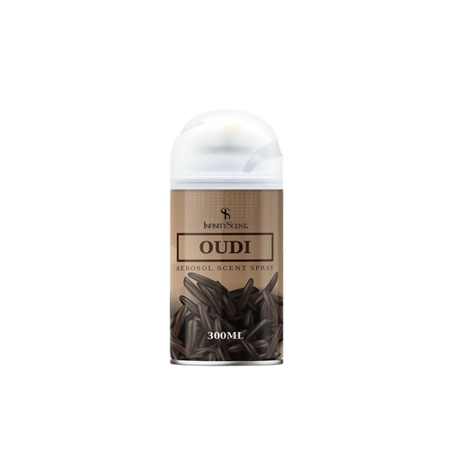 Aerosol scent spray can with 'OUDI' branding on a white background