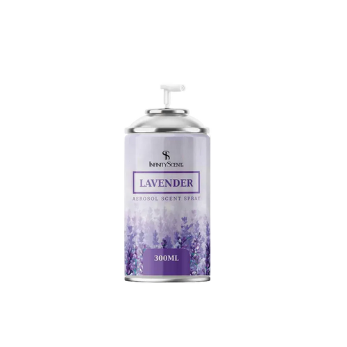 Aerosol scent spray can with lavender design on a white background