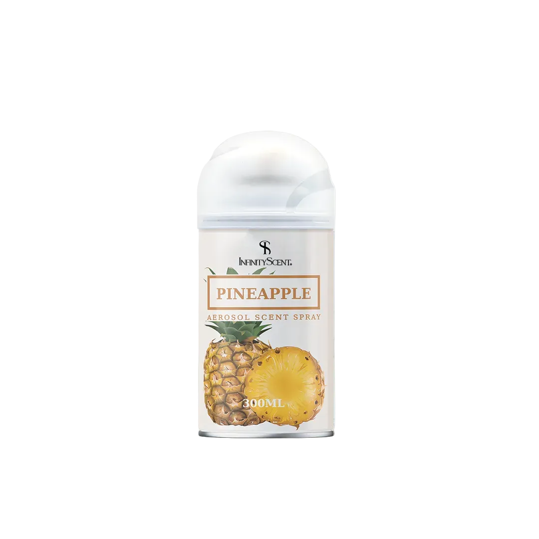 Pineapple-scented deodorant spray bottle on a white background